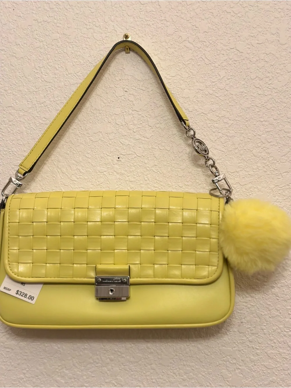 Michael Kors Yellow Woven Leather Shoulder Bag with Pom Pom Charm